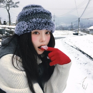 ins博主同款 毛线帽氛围感冷帽保暖针织帽女 灰色毛绒编织帽冬季