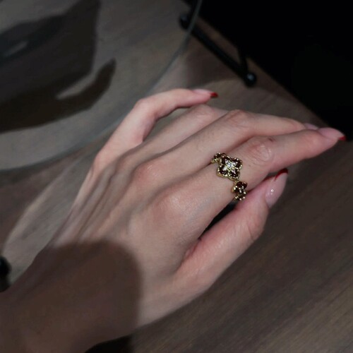 法式红金四叶花戒指女爆闪轻奢女