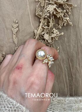 中古仿满钻金珍珠鸢尾花戒指复古