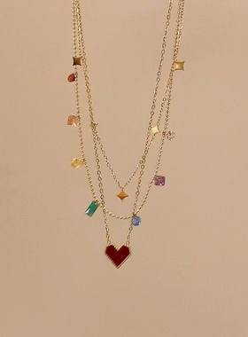 多层复古红爱心吊坠闪钻项链新款