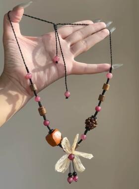 新中式花朵编绳项链个性复古配饰