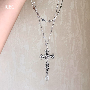 欧美风黑色十字架双层项链叠戴小众个性 暗黑朋克锁骨颈链 独特时尚