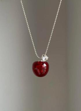 甜美彷红水晶苹果吊坠项链高级感