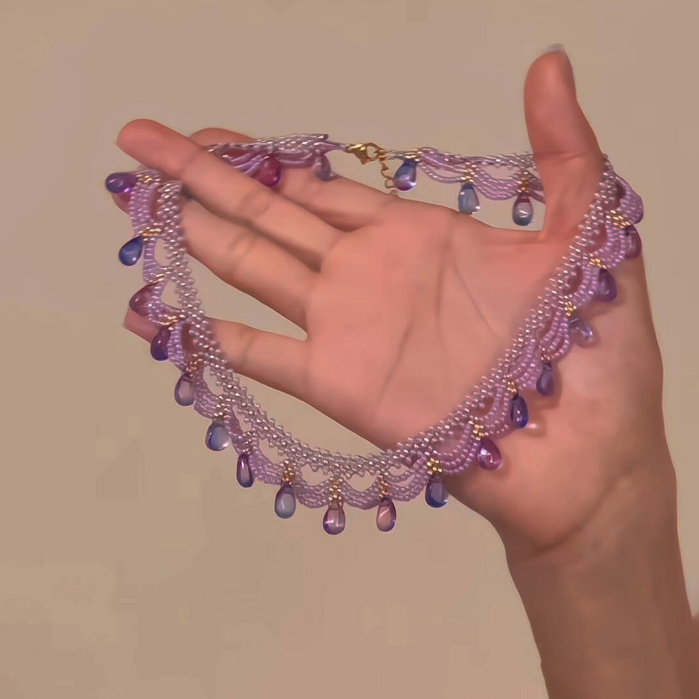 法式复古紫色蕾丝花边串珠项链女