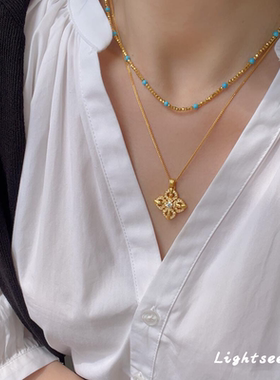 金色镂空四叶草仿锆石项链高级感