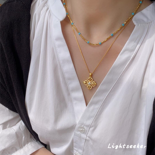 金色镂空四叶草仿锆石项链复古宫廷风轻奢高级感叠戴气质锁骨链女