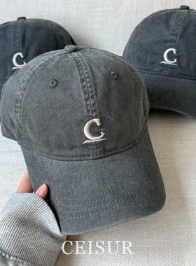 做旧款炭灰色水洗磨毛棒球帽字母大头围深顶显脸小百搭牛仔鸭舌帽