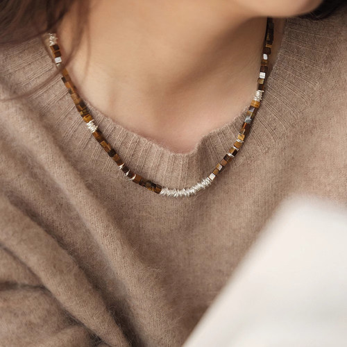 新中式虎眼石圈圈拼接项链碎银女