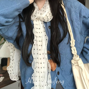 韩系木耳边白色波点丝巾系脖百搭清冷感薄款 围巾文艺围脖气质配饰