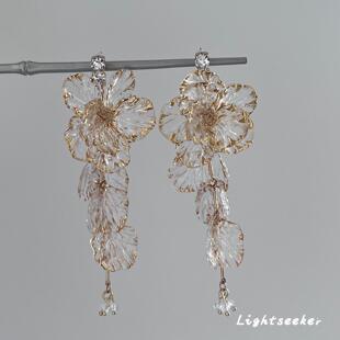 金色花瓣流苏耳环波西米亚度假风耳钉轻小众设计个性 独特精致耳饰