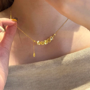 新中式金色碎冰冰五帝钱币项链古法福牌招财进宝2025新款锁骨链女