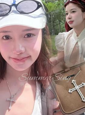 发财宅女同款银色十字架吊坠项链