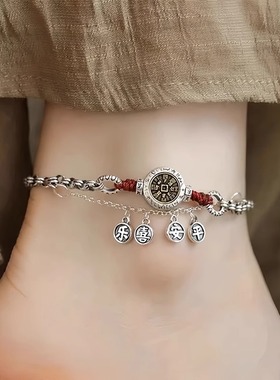 新中式平安喜乐铜钱脚链复古轻奢