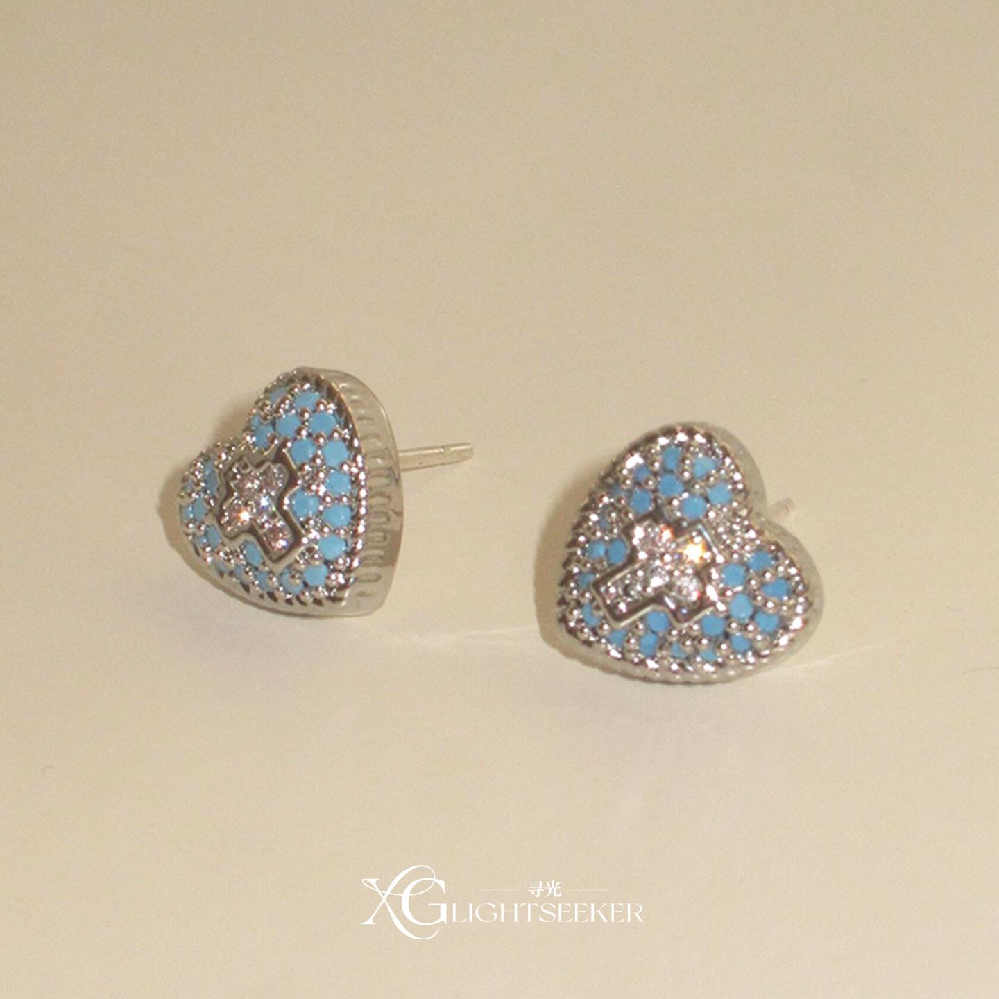 中古仿蓝松石满钻爱心十字架耳钉