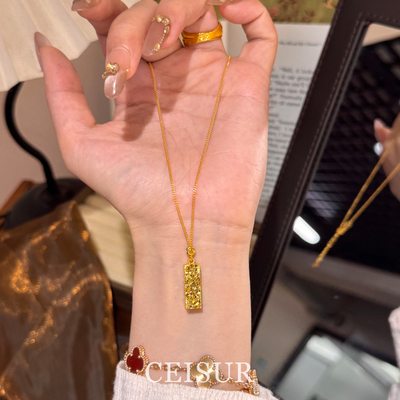 爆闪碎冰冰金色方条吊坠项链复古