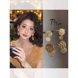 法式 设计感气质百搭轻奢夸张耳饰 肌理感金属圆片流苏耳环小众时尚