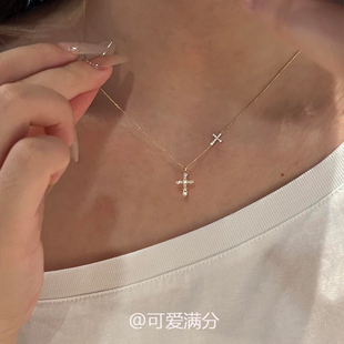 金色仿钻十字架项链复古时尚 高级感轻奢小众设计气质百搭锁骨链女