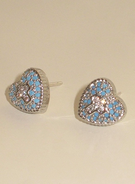 Vintage中古仿蓝松石满钻爱心十字架耳钉甜酷个性超闪y2k独特耳饰