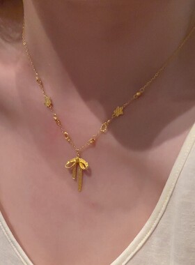 复古爆闪金色拉丝蝴蝶结项链甜美