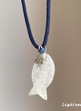 新中式仿白水晶小鱼吊坠项链复古