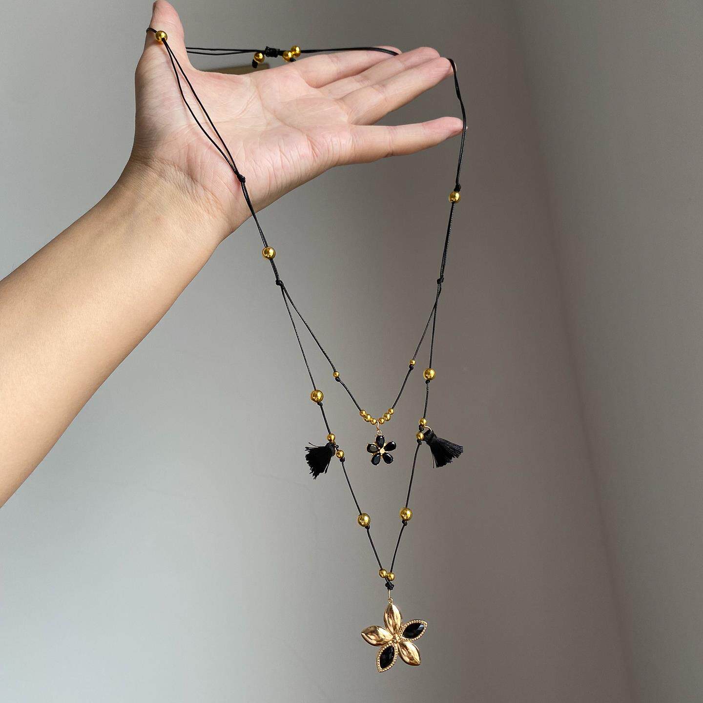 复古双层美拉德小花朵项链金属感轻奢小众高级颈链长款毛衣链配饰