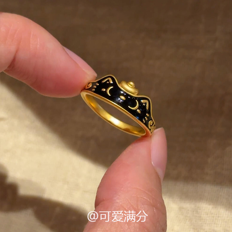 复古黑金色可爱小猫元宝戒指小众
