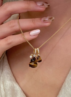 金色旺财猫眼珠虎眼石双葫芦项链