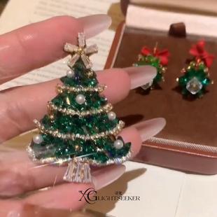 圣诞节爆闪撞色水晶树耳钉小众个性 设计感胸花配饰新年耳环女 时尚