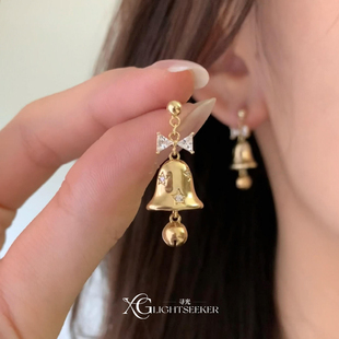 圣诞节爆闪金色蝴蝶结铃铛耳钉冬季 超好看独特漂亮甜美耳饰耳环女