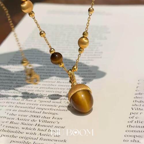 金色仿虎眼石橡果串珠吊坠项链女