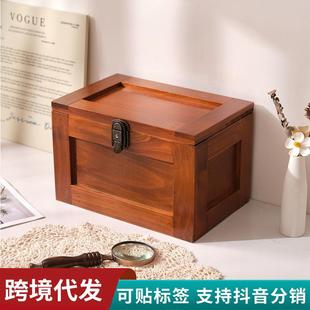 复古木质桌面带锁收纳盒有盖防尘证件古玩储物盒化妆品杂物收纳箱