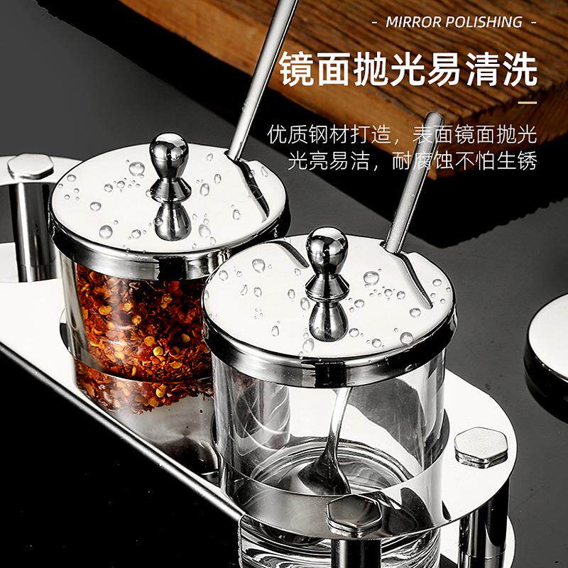 家用厨房硼哇玻璃不锈钢调味勺盖一体调味盒盐防尘套装
