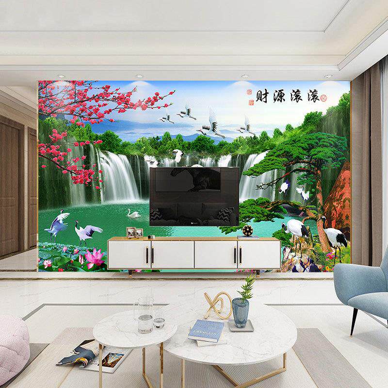 财源滚滚迎客松山水风景壁画中式客厅墙纸电视背景墙壁纸卧室书房