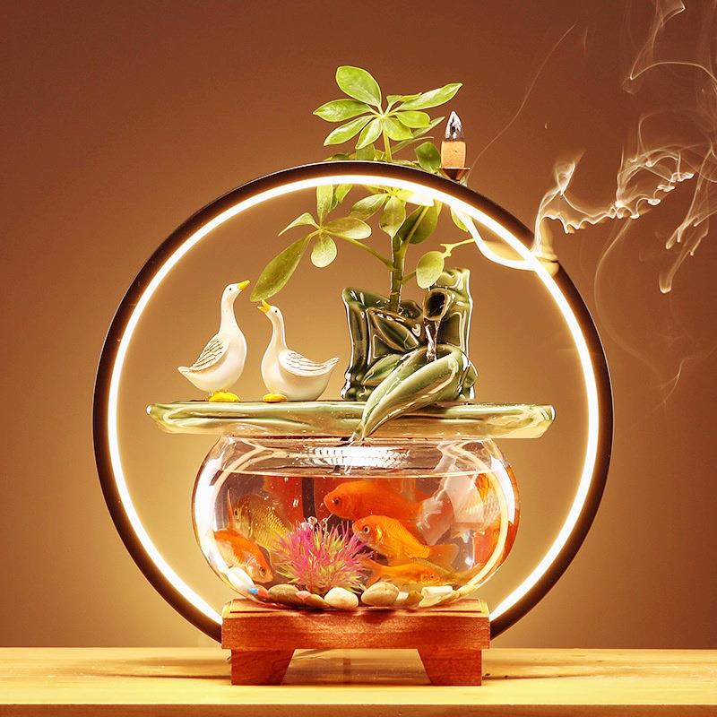 新中式流水生财摆件桌面过滤陶瓷创意家用办公开业装饰造景养鱼缸