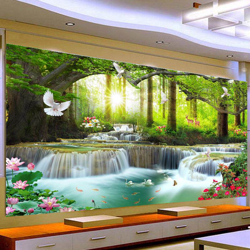 5d魔方钻石画风景山水画流水瀑布满钻客厅新款十字绣点砖石秀圆钻