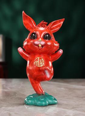 彩铜兔子摆件彩绘红色兔子可爱福兔客厅桌面装饰小兔子摆件工艺品