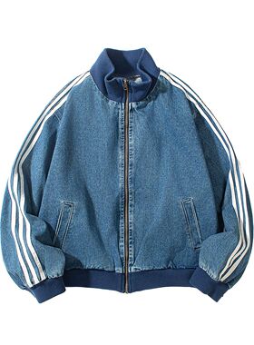 潮牌巴黎美式复古三条杠牛仔外套男女立领拉链宽松百搭夹克潮流