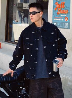 巴黎款潮牌满字母刺绣牛仔外套男秋季宽松翻领长袖夹克美式复古