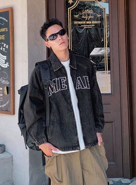 巴黎款潮牌美式复古风字母刺绣牛仔外套男宽松潮流翻领个性夹克