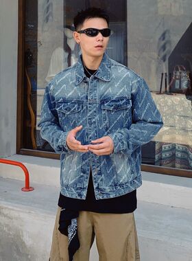 巴黎款潮牌潮流字母印花牛仔外套男秋季翻领宽松水洗夹克休闲时尚