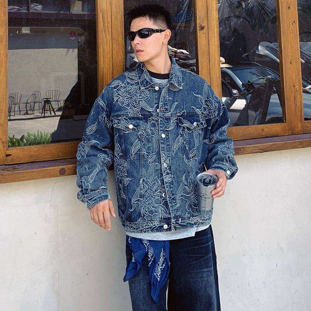 巴黎款国潮风花卉提花刺绣牛仔外套男宽松潮牌美式夹克休闲上衣,男装,牛仔外套,淘宝优惠券,粉丝福利购,淘宝优惠卷