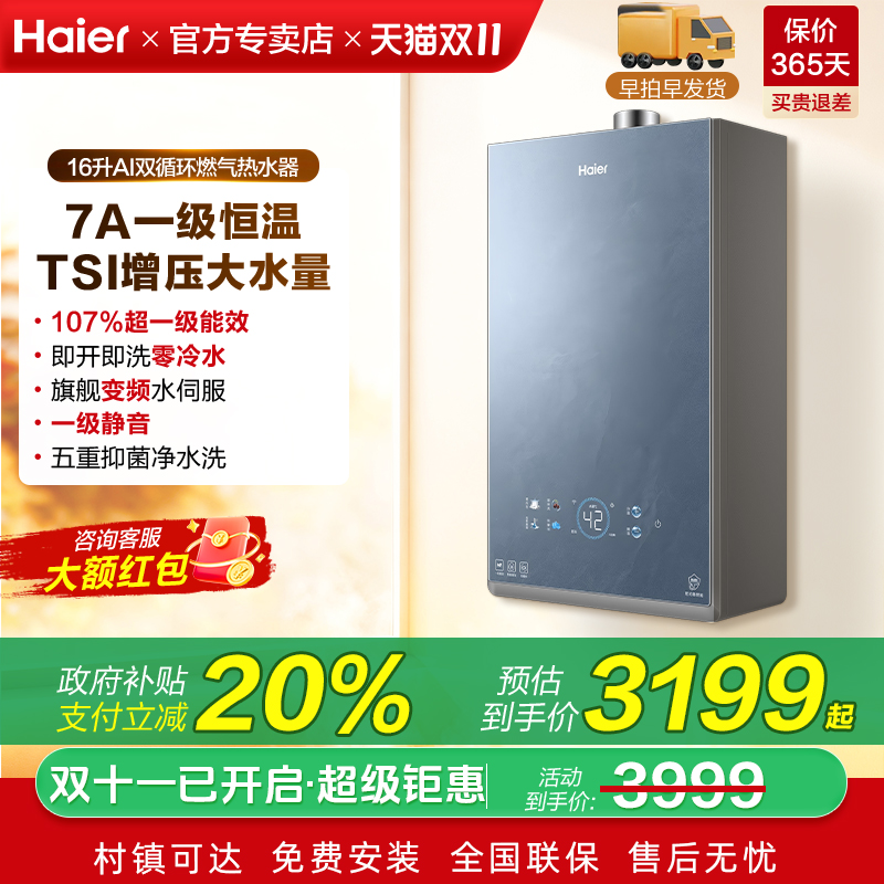 政府补贴海尔燃气热水器天然气家用16升浴室专用平衡式恒温零冷水