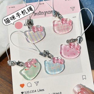 冰透格纹猫咪手机绳透色Sweet小猫挂件学生包包笔袋挂饰闺蜜礼物