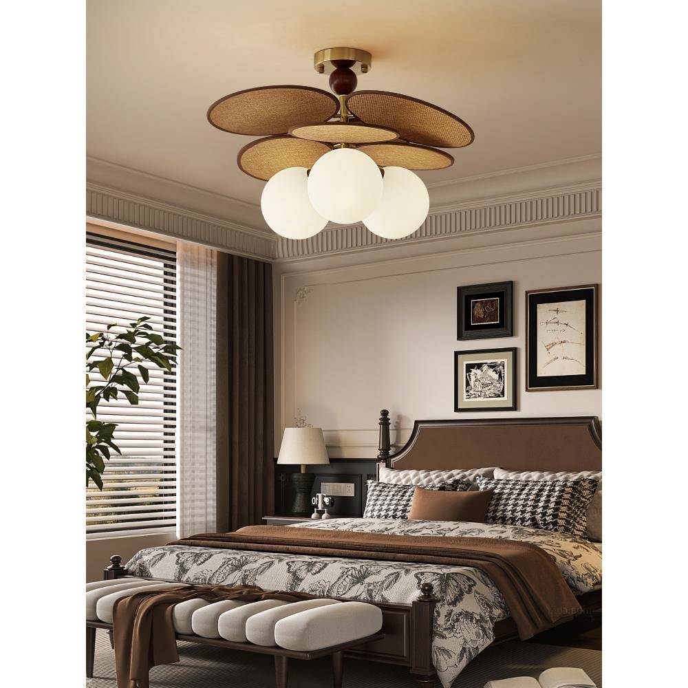 藤编吸顶灯卧室灯法式覆古中古书房灯日式餐桌餐厅阳台装饰灯