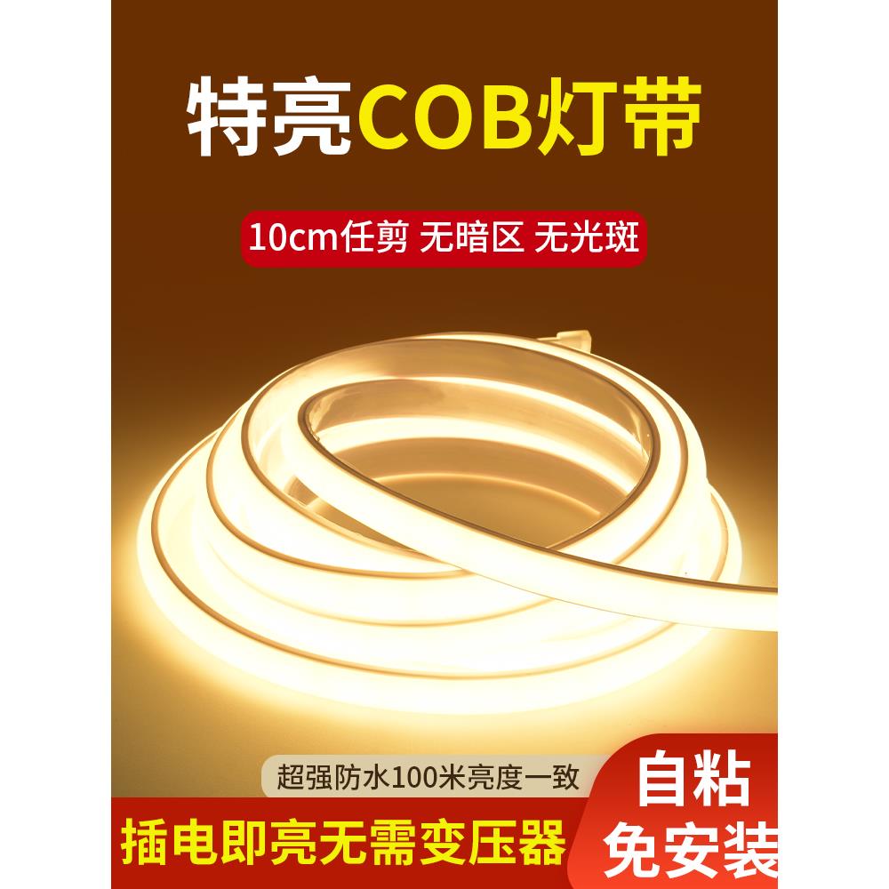 led灯带220v防水自粘超亮线形灯家用客厅吊顶氛围彩COB户外软灯条