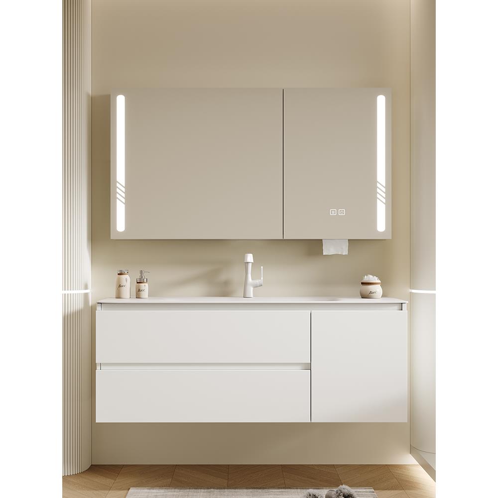 橡木烤漆浴室柜组合岩板热弯奶油风卫生间陶瓷一体洗脸洗手盆柜