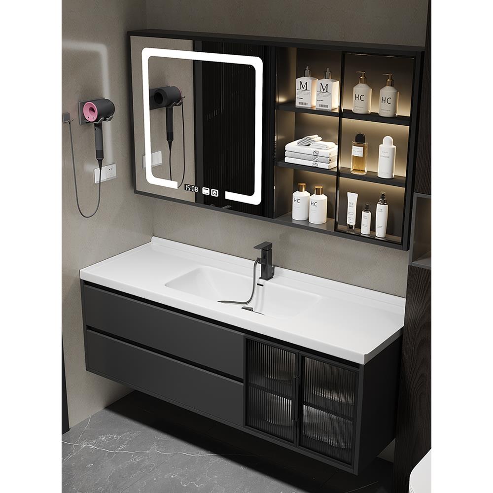 现代简约智能浴室柜组合实木卫生间陶瓷一体盆洗手洗脸洗漱台套装