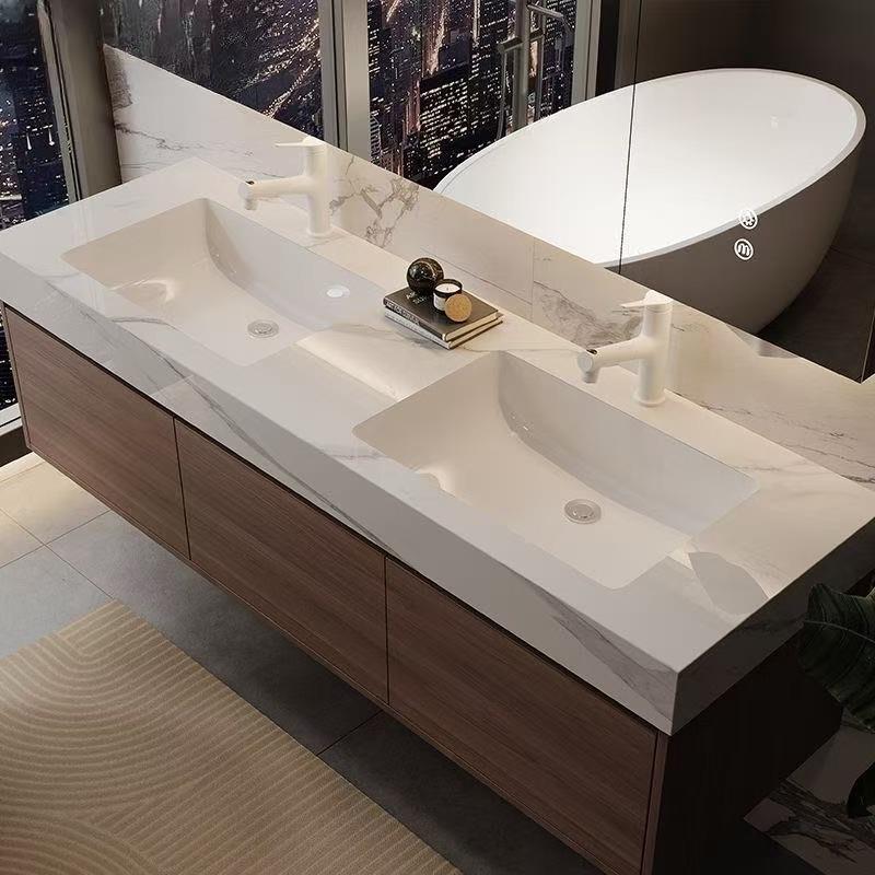 中古风胡桃木浴室柜组合岩板无缝一体盆双台盆洗脸盆柜卫浴柜