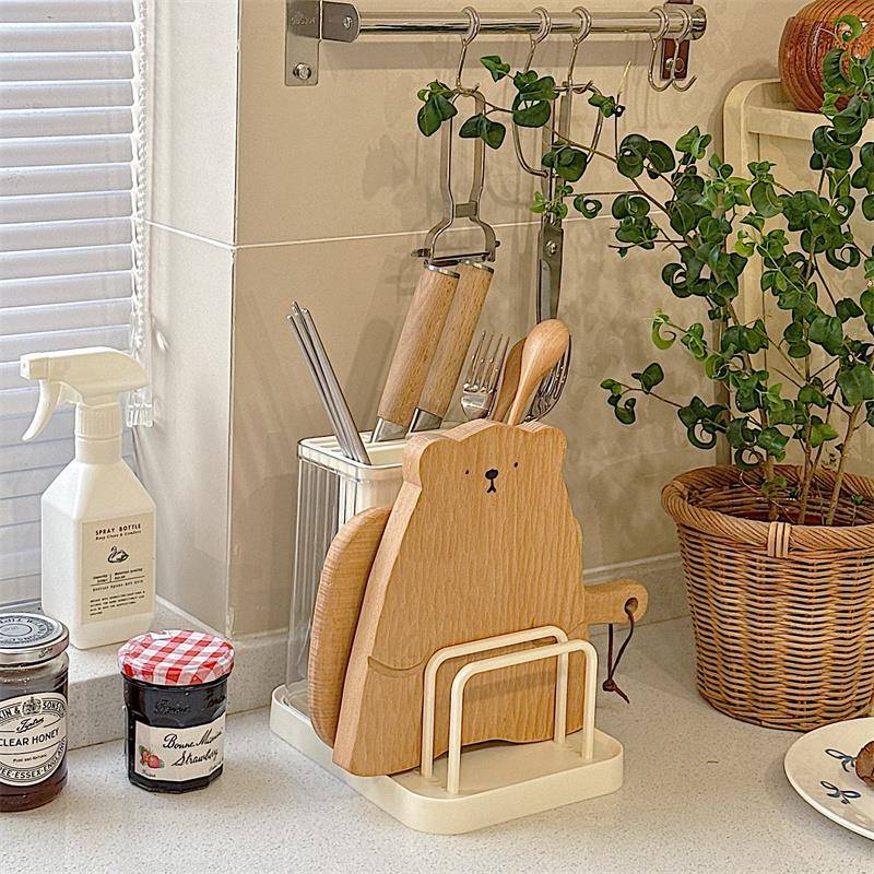 *漂亮的小姨妈* 奶油风刀架菜板架一体厨房多功能锅盖架菜刀筷笼