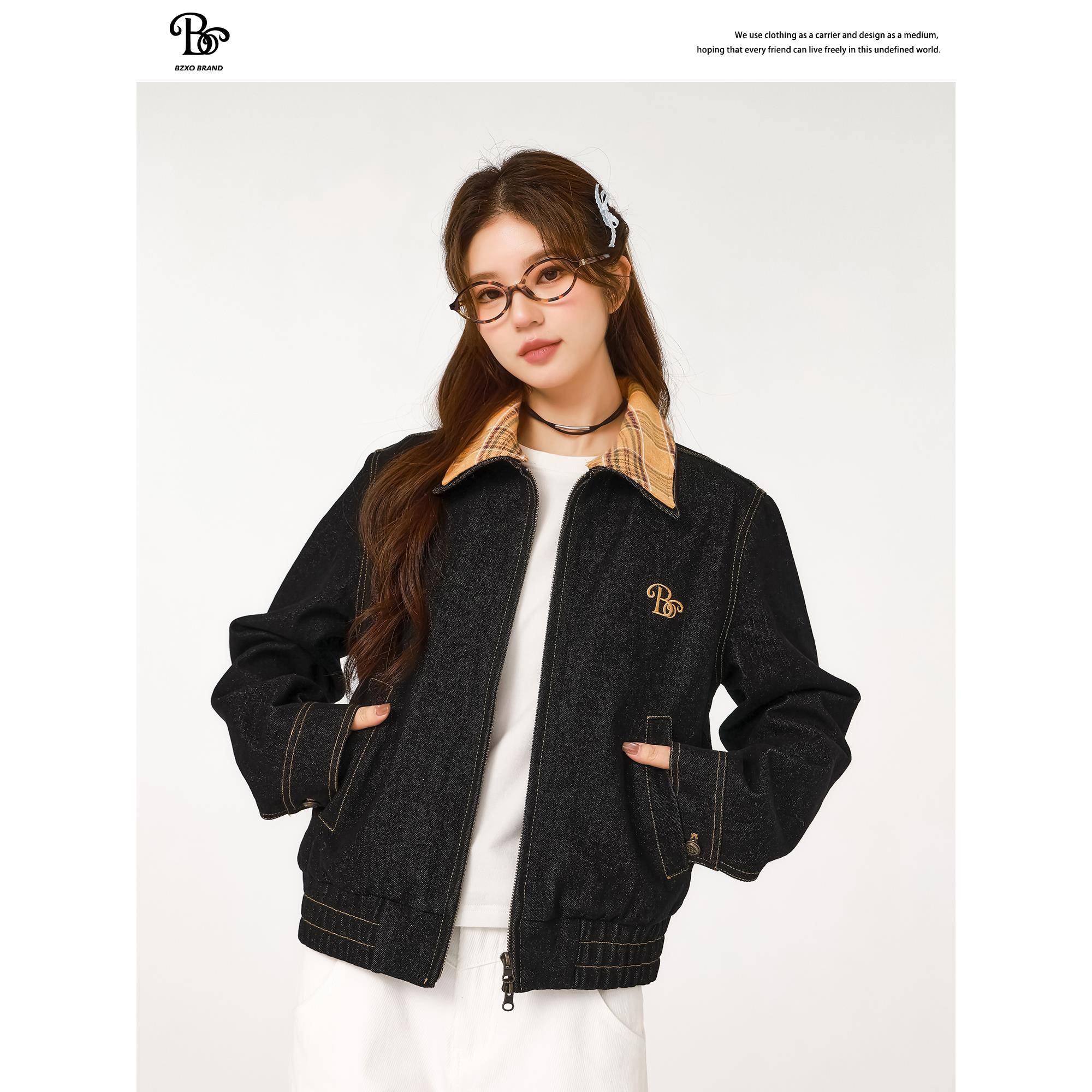 BZXO复古拼接牛仔外套女春季新款设计感小众工装休闲短款夹克上衣